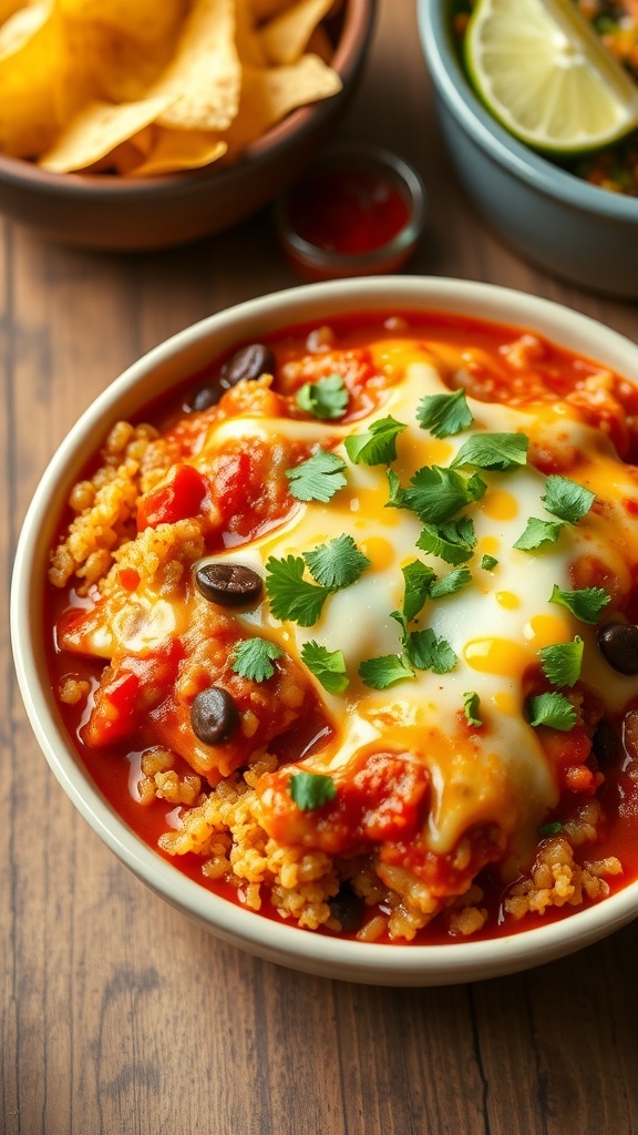 A bowl of quinoa chicken enchiladas topped with cheese and cilantro, served with tortilla chips and salsa.